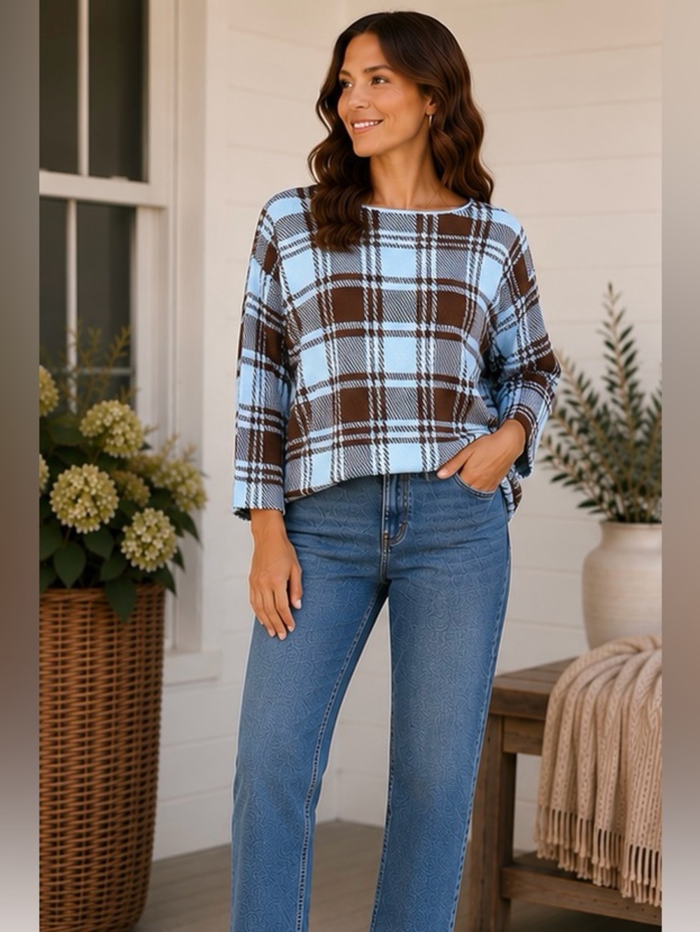 Adrienne Vittadini Plaid 3/4 Sleeve Soft Knit Sweater - Blue/Brown Sz M